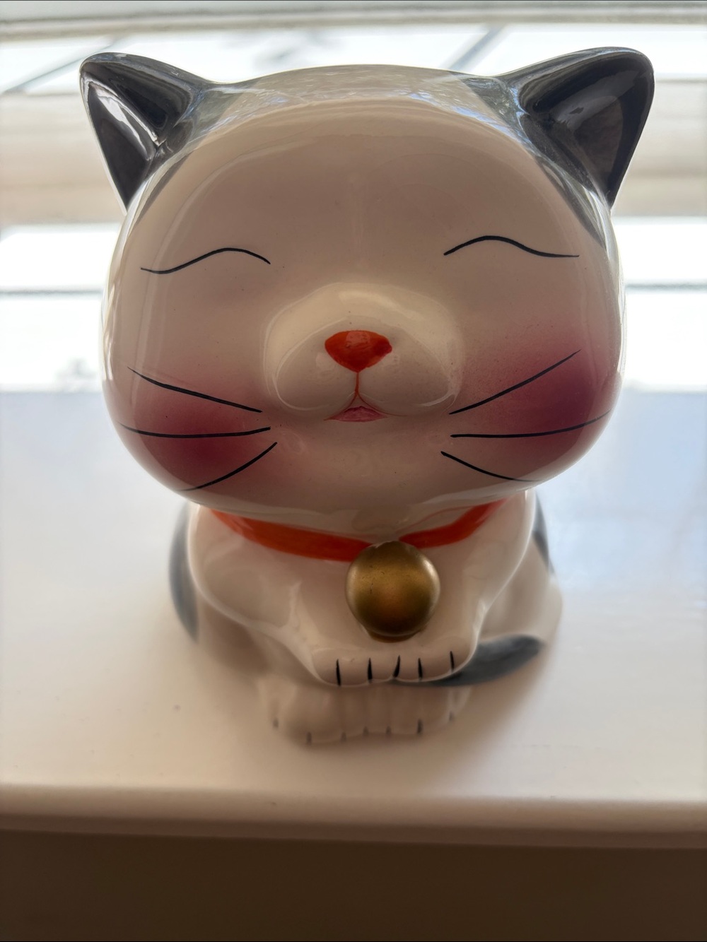 Ceramic lucky Cat Coin Bank - 7” White and Gray Decorative Cat with Gold Bell